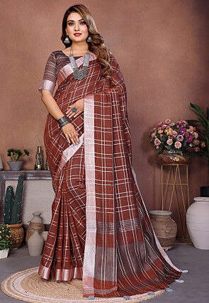 Woven Linen Saree in Dark Brown