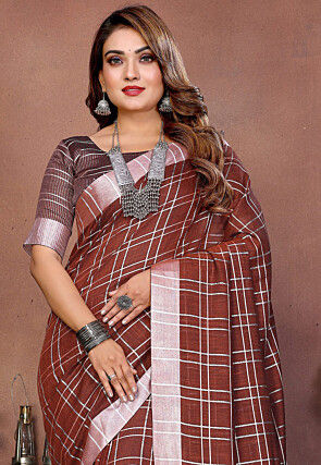 Woven Linen Saree in Dark Brown