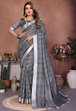 Woven Linen Saree in Dark Grey