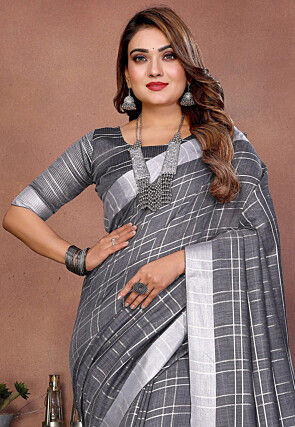 Woven Linen Saree in Dark Grey