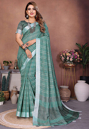 Woven Linen Saree in Green