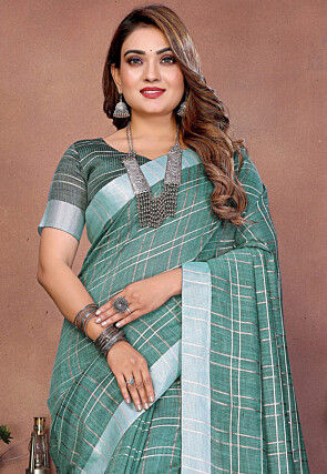 Woven Linen Saree in Green