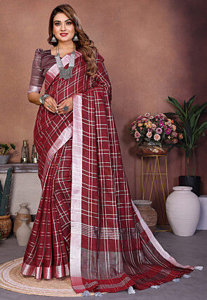 Woven Linen Saree in Maroon