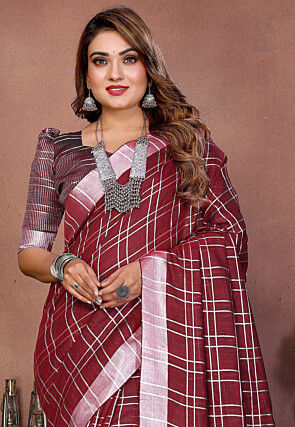 Woven Linen Saree in Maroon