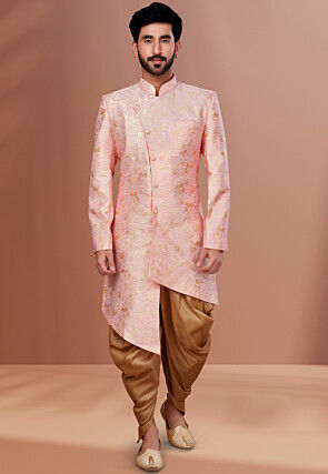Woven Linen Silk Jacquard Asymmetric Dhoti Sherwani in Pink