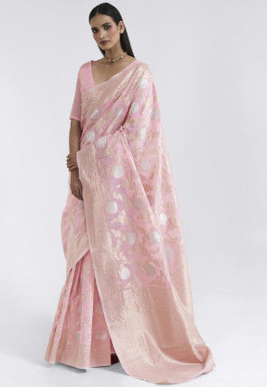 Woven Art Linen Silk Saree in Baby Pink