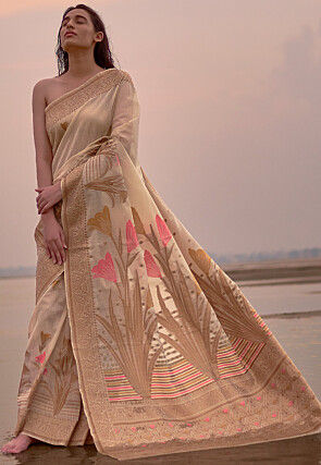 Woven Art Linen Silk Saree in Beige