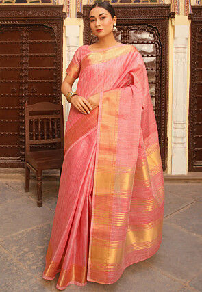 Woven Art Linen Silk Saree in Pink