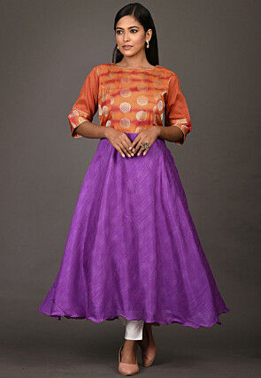 Woven Art Silk A Line Kurta in Purple and Orange