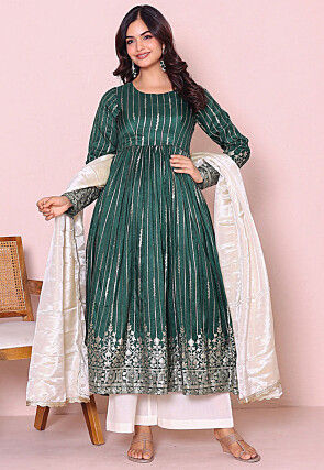 Woven Art Silk A Line Suit in Dark Green