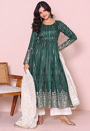 Woven Art Silk A Line Suit in Dark Green