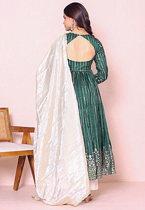 Woven Art Silk A Line Suit in Dark Green