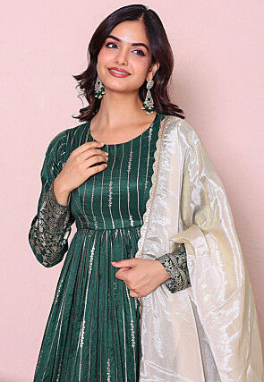 Woven Art Silk A Line Suit in Dark Green