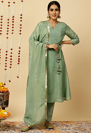 Woven Art Silk A Line Suit in Dusty Green