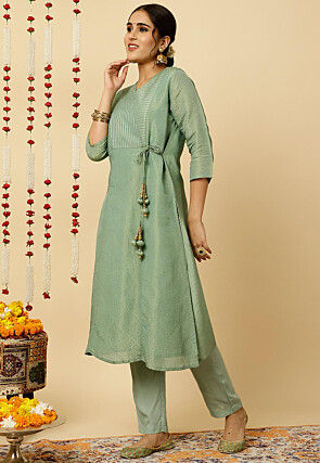 Woven Art Silk A Line Suit in Dusty Green