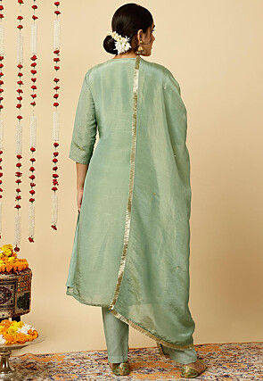 Woven Art Silk A Line Suit in Dusty Green