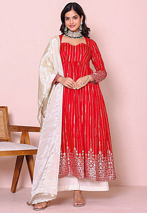 Woven Art Silk A Line Suit in Red