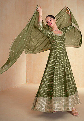 Woven Art Silk Jacquard Abaya Style Suit in Dark Olive Green