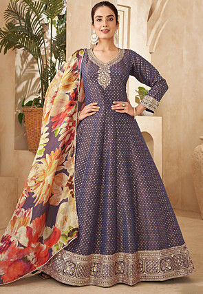 Woven Art Silk Abaya Style Suit in Dark Purple