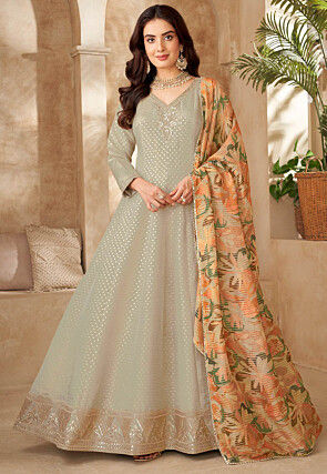 Woven Art Silk Abaya Style Suit in Dusty Green