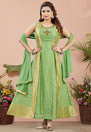 Woven Art Silk Abaya style suit in Light Green