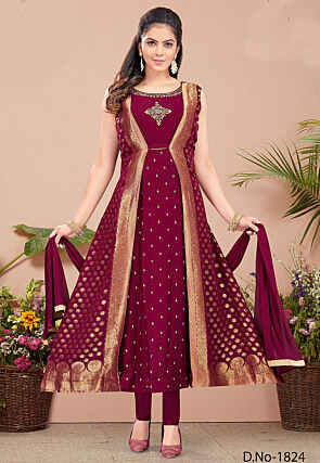 Woven Art Silk Abaya style suit in Maroon
