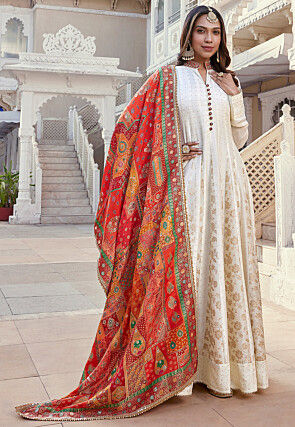 Woven Art Silk Abaya Style Suit in Off White