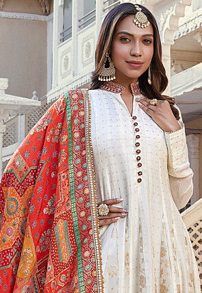 Woven Art Silk Abaya Style Suit in Off White