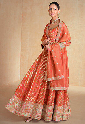 Woven Art Silk Jacquard Abaya Style Suit in Orange