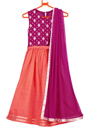 Woven Art Silk Abaya Style Suit in Peach and Magenta
