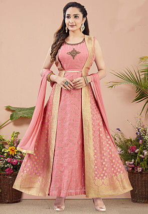 Woven Art Silk Abaya Style Suit in Peach