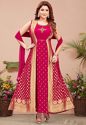 Woven Art Silk Abaya Style Suit in Pink