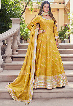 Woven Art Silk Abaya Style Suit in Yellow