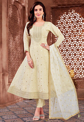 Woven Art Silk Anarkali Suit in Cream