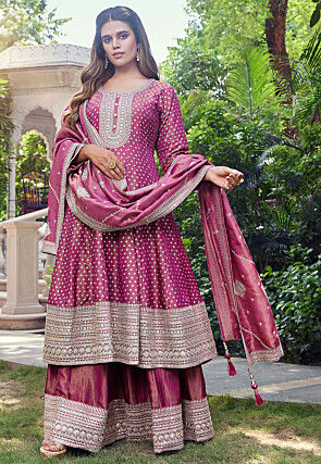 Woven Art Silk Anarkali Suit in Pink
