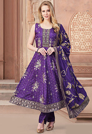 Woven Art Silk Anarkali suit in Purple