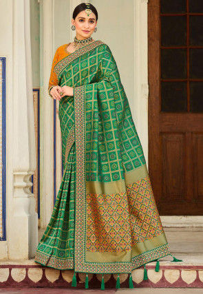 Woven Art Silk Bandhej Saree in Dark Green