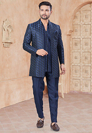 Woven Art Silk Bandhgala in Navy Blue