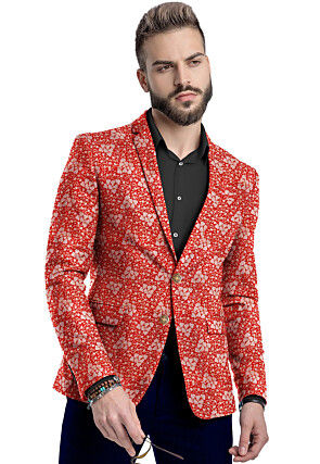 Woven Art Silk Blazer in Red