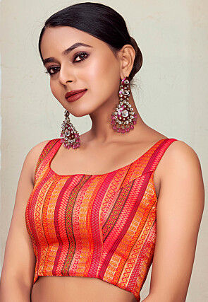 Woven Art Silk Blouse in Orange and Red