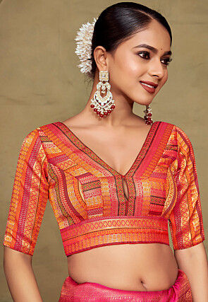 Woven Art Silk Blouse in Orange and Red