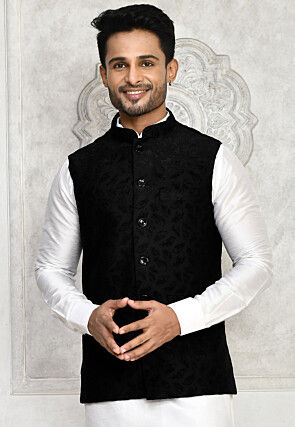 Woven Art Silk Brasso Nehru Jacket in Black