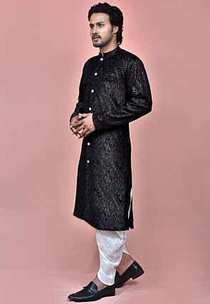 Woven Art Silk Brasso Dhoti Kurta in Black