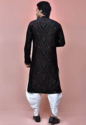 Woven Art Silk Brasso Dhoti Kurta in Black