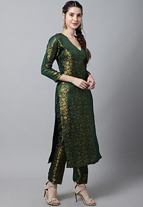 Woven Art Silk Brocade Straight Kurta Set in Dark Green