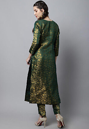Woven Art Silk Brocade Straight Kurta Set in Dark Green