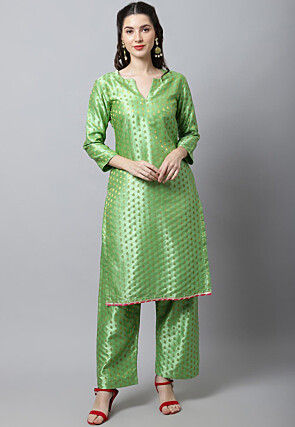 Woven Art Silk Brocade Straight Kurta Set in Light Green