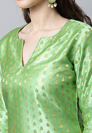 Woven Art Silk Brocade Straight Kurta Set in Light Green