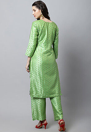 Woven Art Silk Brocade Straight Kurta Set in Light Green