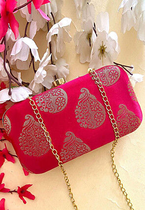 Woven Art Silk Clutch Bag in Fuchsia